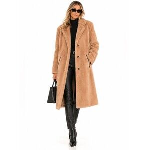 DKNY XL Camel Faux Fur Teddy Long Coat Zip Pockets Fall 2022